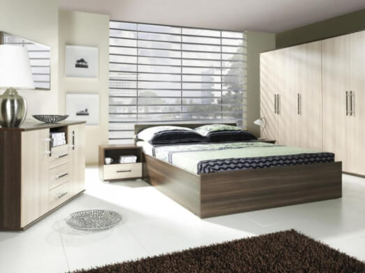 Mobilă dormitor comandă cu pat, noptiere, comodă, dulap 5 uși, model Krane